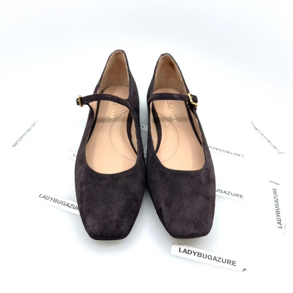 Cole Haan Dark Brown Suede Mary Jane Flats with Gold Buckles